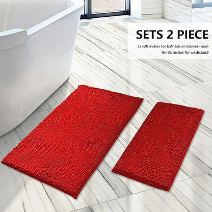 BOANKODU Bathroom Rugs Sets 2 Piece, Extra Soft Chenille Bath Mat Absorbent Bathroom Rug, Bathroom Mat with Sturdy PVC Non-Slip Bottom, Machine Washable Bath Rugs (32x20 Inch + 24x16 Inch, Red)