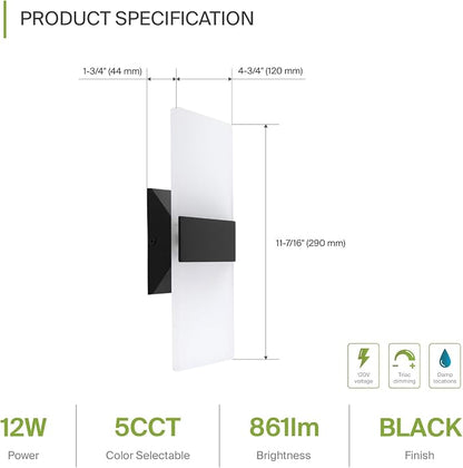 ASD 12 Inch Indoor LED Wall Sconce - 12W 2700K-5000K Dimmable Black Wall Sconce Lights for Living Room, Bedroom, Bathroom, Hallway - Modern Wall Sconces Hardwired, UL Interior Light, Set of 2