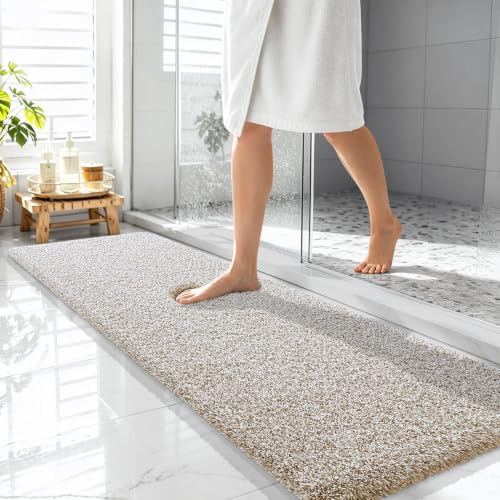 OLANLY Microfiber Bathroom Rugs 59x20, Quick Dry Bath Mat, Beige and White