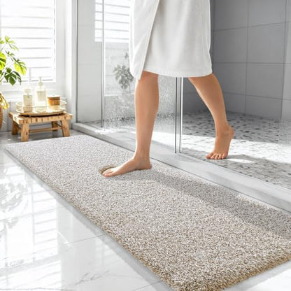 OLANLY Microfiber Bathroom Rugs 59x20, Quick Dry Bath Mat, Beige and White