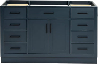 ARIEL Hepburn 54-inch Bathroom Vanity Base Cabinet,Solid Wood, 2 Soft Closing Doors, 9 Dovetail Drawers, Midnight Blue