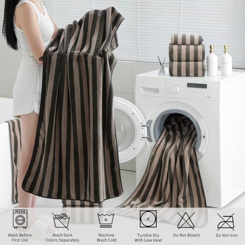 18 Pcs Brown Cabana Stripe Bath Towel Set with Hanging Loop-6 Bath Towels,6 Hand Towels,6 Washcloths Soft Microfiber Family Towels Highly Absorbent Quick Dry Shower Towel for Bathroom Beach Spa Gym