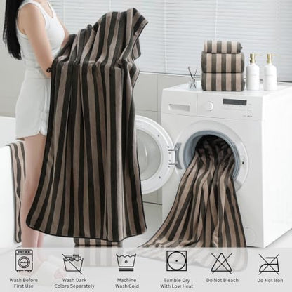 18 Pcs Brown Cabana Stripe Bath Towel Set with Hanging Loop-6 Bath Towels,6 Hand Towels,6 Washcloths Soft Microfiber Family Towels Highly Absorbent Quick Dry Shower Towel for Bathroom Beach Spa Gym