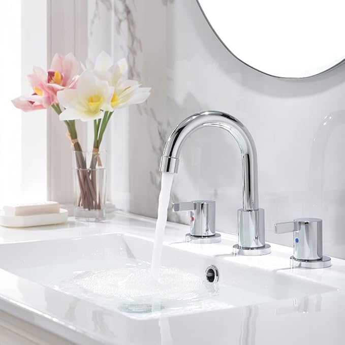 Phiestina Widespread Bathroom Sink Faucet, 3 Hole 8 Inch Chrome Finish, Modern Vanity Faucet with Metal Pop Up Drain, WF015-1-C