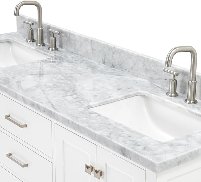 ARIEL Cambridge 66-inch Bathroom Vanity with Sink,Solid Wood, 1.5-inch Italian Carrara Marble Countertop, Double Rectangular Porcelain Sink, 4 Soft Closing Doors, 6 Dovetail Drawers, White