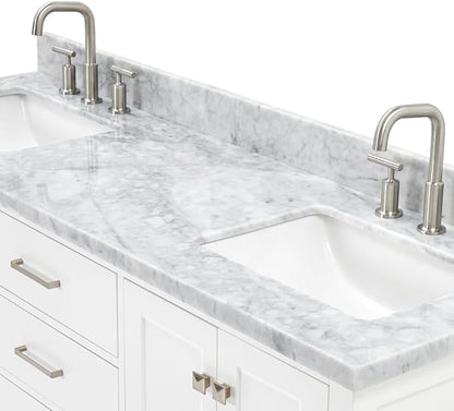 ARIEL Cambridge 66-inch Bathroom Vanity with Sink,Solid Wood, 1.5-inch Italian Carrara Marble Countertop, Double Rectangular Porcelain Sink, 4 Soft Closing Doors, 6 Dovetail Drawers, White