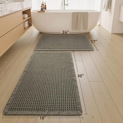 Upgraded Waffle Bath Mat Set of 2 Absorbent Bathroom Mat 17"x24" + 18"x30"