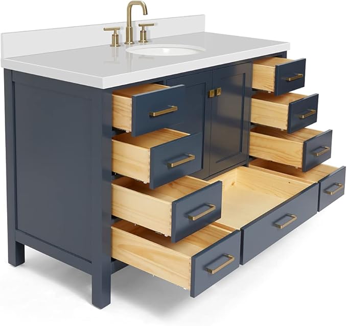 ARIEL Cambridge 54-inch Bathroom Vanity with Sink,Solid Wood, 1.5-inch Pure White Quartz Countertop & Backsplash, Single Oval Porcelain Sink, 2 Soft Closing Doors, 9 Dovetail Drawers, Midnight Blue