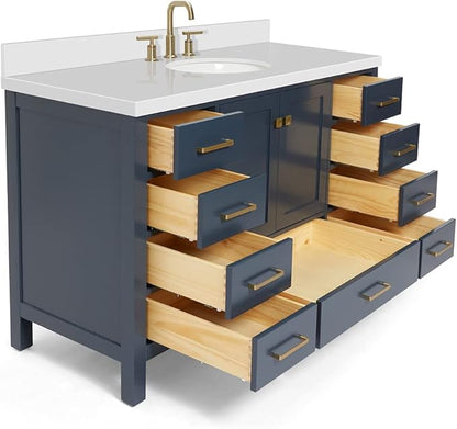 ARIEL Cambridge 54-inch Bathroom Vanity with Sink,Solid Wood, 1.5-inch Pure White Quartz Countertop & Backsplash, Single Oval Porcelain Sink, 2 Soft Closing Doors, 9 Dovetail Drawers, Midnight Blue
