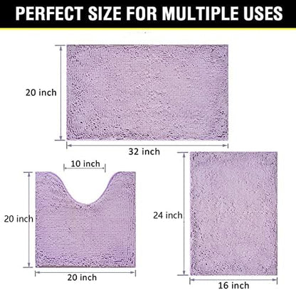 Bathroom Rugs Chenille 3-Piece Extra Soft and Absorbent Shag Bathroom Rugs, Machine Wash Mat, Strong PVC Non-Slip Underside, Plush Carpet Mats, Lavender