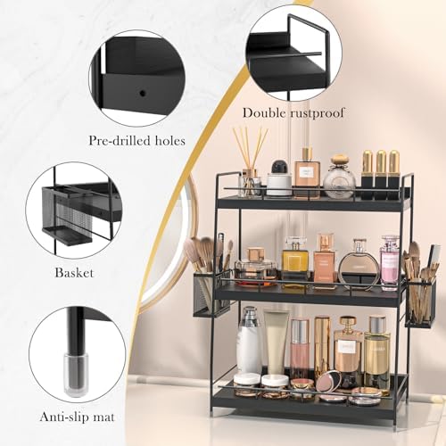 3 Tier Bathroom Counter Organizer with Side Baskets, Wooden Vanity Shelf