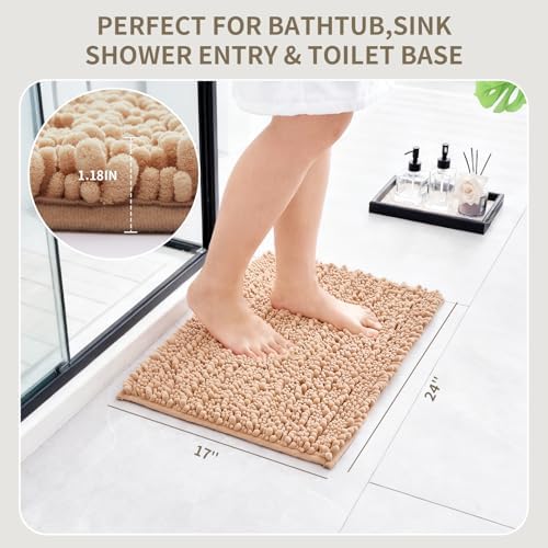 Bathroom Rugs Non Slip Washable, Extra Thick Soft Chenille Absorbent Bath Mat, High Density Barrier Non Slip Backing, Quick Dry Plush Shaggy Floor Carpet for Tub&Shower 24x17, Beige