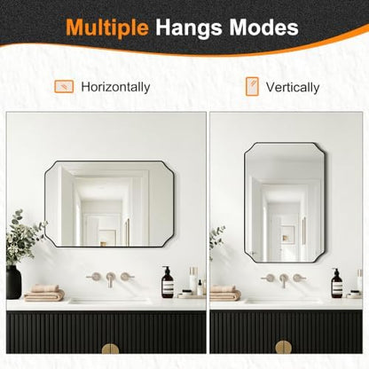 Delma Bathroom Vanity Mirror, Black Framed Aluminum Bathroom Mirror for Over Sink, Scalloped Round Corner Wall Mirror, High-Definition Vanity Mirror, Hangs Horizontally or Vertically (30x20, Black)