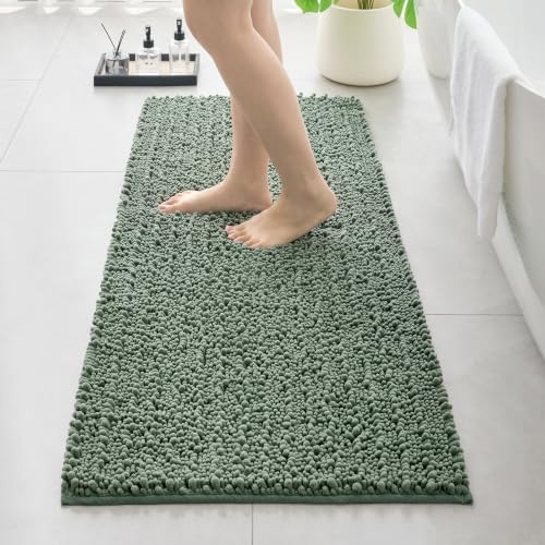 Bathroom Rugs Non Slip Washable 70x24, Extra Thick Soft Chenille Absorbent Bath Mat, High Density Barrier Non Slip Backing, Quick Dry Plush Shaggy Floor Carpet for Tub&Shower, Sage Green