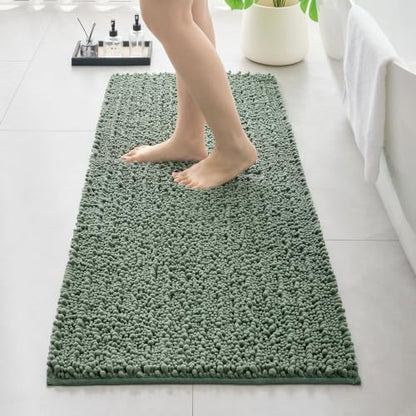 Bathroom Rugs Non Slip Washable 60x24, Extra Thick Soft Chenille Absorbent Bath Mat, High Density Barrier Non Slip Backing, Quick Dry Plush Shaggy Floor Carpet for Tub&Shower, Sage Green