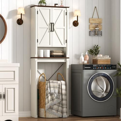 jiteentarou Farmhouse Bathroom Storage Cabinet,Over The Toilet Storage Cabinet with Roman Column Decor,Tall Over The Toilet Shelf with Barn Doors,Over Toilet Bathroom Organizer(Rustic White)