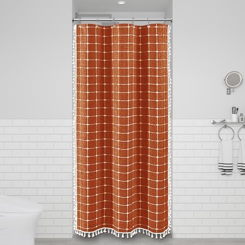 BTTN Stall Boho Farmhouse Linen Shower Curtain Set, 36x72, Burnt Orange