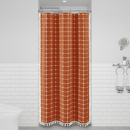 BTTN Stall Boho Farmhouse Linen Shower Curtain Set, 36x72, Burnt Orange