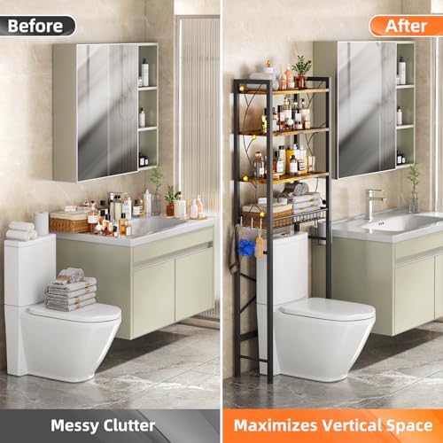 Over-The-Toilet Storage Rack, 4-Tier Bathroom Organizer Shelf Over Toilet with Adjustable Shelf and Basket, Freestanding Space Saver Bathroom Shelves Above Toilet for Room (Rustic Brown)