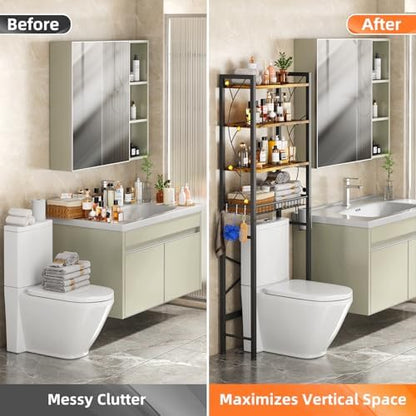 Over-The-Toilet Storage Rack, 4-Tier Bathroom Organizer Shelf Over Toilet with Adjustable Shelf and Basket, Freestanding Space Saver Bathroom Shelves Above Toilet for Room (Rustic Brown)