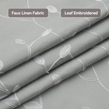 Embroidered Leaf Farmhouse Shower Curtain,Faux Linen,72Wx72L,Grey