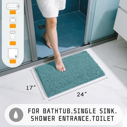 Yimobra Washable Bathroom Rugs, Super Soft & Absorbent Chenille Bath Mat for Floor & Carpet, Quick Dry Non Slip Bath Mat for Tub Shower, 24" x 17",Teal Blue