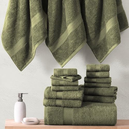 LANE LINEN Large Bath Towel Set Absorbent Quick Dry 100% Cotton - Oil Green