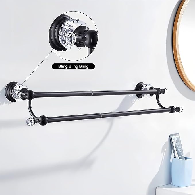 Crystal Black Towel Holder Double Adjustable Towel Bar 13 to 25 Inch, Towel Rack Rail for Bathroom Wall Mounted