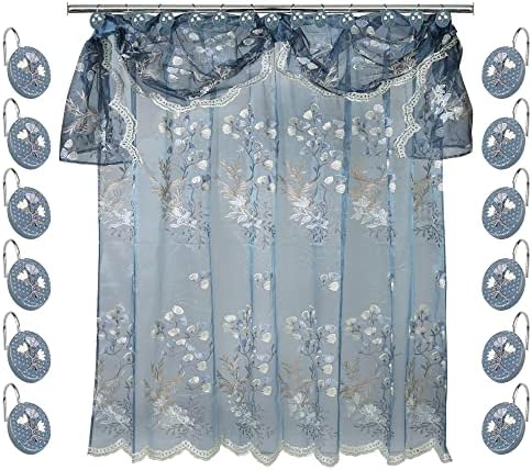 Zahari Home 13pc Capri Bathroom Sheer Shower Curtain Sets & 12 Hooks - Modern Classic Luxury Contemporary Decor Blue Shower Curtain Stylish Bath Sets