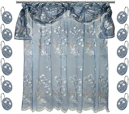 Zahari Home 13pc Capri Bathroom Sheer Shower Curtain Sets & 12 Hooks - Modern Classic Luxury Contemporary Decor Blue Shower Curtain Stylish Bath Sets