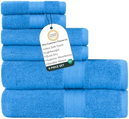 Feather & Stitch 100% Cotton Bath Towel Set of 6, 625 GSM Ultra Soft Highly Absorbent 2 Bath Towels, 2 Hand Towels & 2 Washcloth - Luxury Quick Dry Shower Towels. (Deep Cyan)