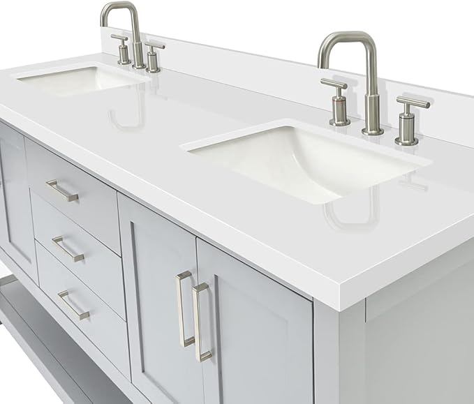 DKB Olivia 72" Grey Double Bathroom Vanity, 1.5" Edge Pure White Quartz Countertop, Rectangular Sinks, 4 Soft Closing Doors, 3 Dovetail Drawers, Open Shelf