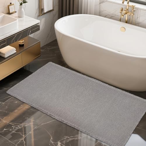 ZALL Grey Waffle Bath Mat,Super Absorbent Non Slip Bathroom Rug,Gray 24x48inch,Machine Washable Ultra Soft Floor Mats