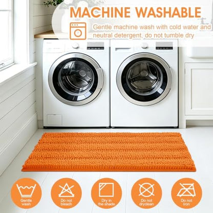 ACCUMTEK Striped Orange Bathroom Rug Set 3 Pieces Ultra Soft, Non Slip Chenille Toilet Mat, Absorbent Plush Shaggy Bath Mats for Bathroom, Bedroom, Kitchen