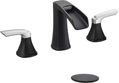 Fapully Bathroom Faucet 3 Hole, Waterfall 8 Inch Widespread Bathroom Sink Faucet with Pop-up Drain, Two-Handle Faucet for Bathroom Sink Matte Black&Chrome