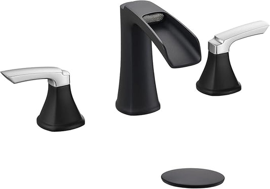 Fapully Bathroom Faucet 3 Hole, Waterfall 8 Inch Widespread Bathroom Sink Faucet with Pop-up Drain, Two-Handle Faucet for Bathroom Sink Matte Black&Chrome