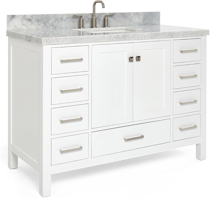 ARIEL Cambridge 48-inch Bathroom Vanity with Sink,Solid Wood, 1.5-inch Italian Carrara Marble Countertop, Single Rectangular Porcelain Sink, 2 Soft Closing Doors, 9 Dovetail Drawers, White