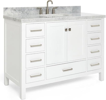 ARIEL Cambridge 48-inch Bathroom Vanity with Sink,Solid Wood, 1.5-inch Italian Carrara Marble Countertop, Single Rectangular Porcelain Sink, 2 Soft Closing Doors, 9 Dovetail Drawers, White