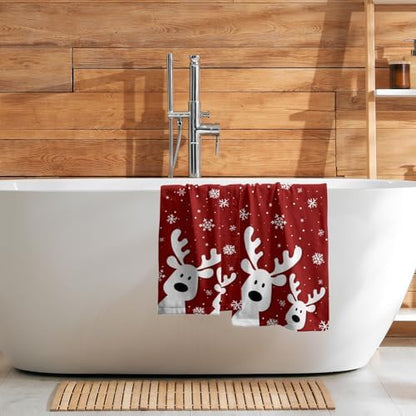 Christmas Reindeer Hand Towels Set of 2, 28x14 Inch Funny Xmas Deer Snowflakes Red Soft Absorbent Tea Towel Washcloths for Kitchen Bathroom Winter Holiday Home Decor and Gifts
