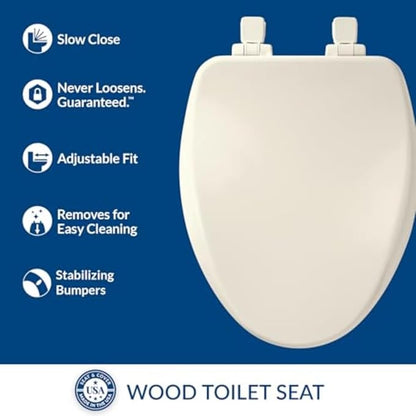 Bemis Alesio II Slow Close Toilet Seat, Easy Clean Hinges and Adjustable Perfect Fit Wood Seat, Made in USA, Elongated, Biscuit