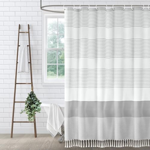 Grey Farmhouse Cotton Striped Shower Curtain with Tassel 72"W X 84"L