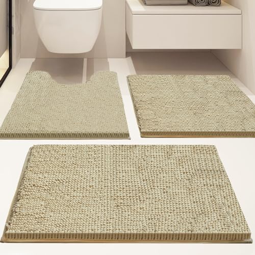 Bathroom Rugs Sets 3 Piece Non Slip,Bath Rugs with PVC Backing Bath Carpet,Bathroom Rug Washable,Absorbent,Plush Carpet Mats,Bath Mats for Bedroom, Kitchen,Tub,Home Decor(Camel)