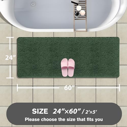 Bathroom Runner Rug 24 x 60 Inch – Extra Large Long Bath Mat | Absorbent and Washable Thick Chenille Bath Rug Non-Slip Runner Rug for Bathroom, Shower, Sink(Hunter Green)