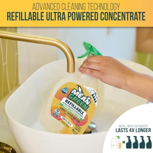 Mean Green Refillable Ultra Powered Bathroom Cleaner Concentrate, Tropical Breeze, 14.3 fl oz – Plant & Mineral Based, Removes 100% of Soap Scum, Refillable Bottle Makes 4X Refills