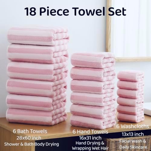 18 Pcs Pink Cabana Stripe Bath Towel Set with Hanging Loop-6 Bath Towels,6 Hand Towels,6 Washcloths Family Towels Soft Microfiber Highly Absorbent Quick Dry Shower Towel for Bathroom Beach Spa Gym
