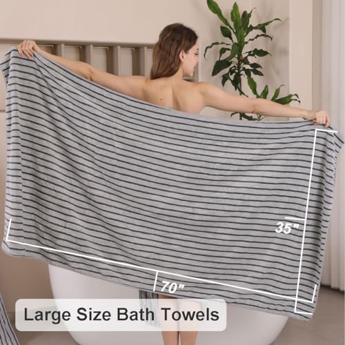 8 Pcs Gray Cabana Stripe Large Bath Towel Set-2 Bathroom Towels,2 Hand Towels,4 Washcloths Lightweight Soft Microfiber Bath Sheet Absorbent Shower Towel Quick Dry Beach Chair Spa Gym Hotel Towels