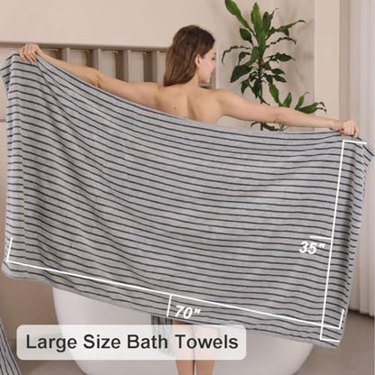 8 Pcs Gray Cabana Stripe Large Bath Towel Set-2 Bathroom Towels,2 Hand Towels,4 Washcloths Lightweight Soft Microfiber Bath Sheet Absorbent Shower Towel Quick Dry Beach Chair Spa Gym Hotel Towels
