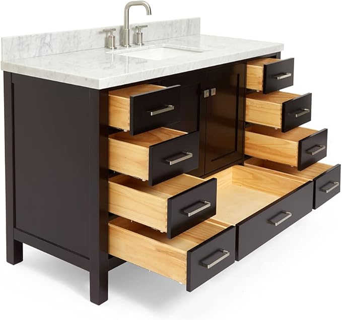 ARIEL Cambridge 54-inch Bathroom Vanity with Sink,Solid Wood, 1.5-inch Italian Carrara Marble Countertop, Single Rectangular Porcelain Sink, 2 Soft Closing Doors, 9 Dovetail Drawers, Espresso
