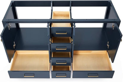 ARIEL Cambridge 60-inch Bathroom Vanity Base Cabinet,Solid Wood, 4 Soft Closing Doors, 6 Dovetail Drawers, Midnight Blue