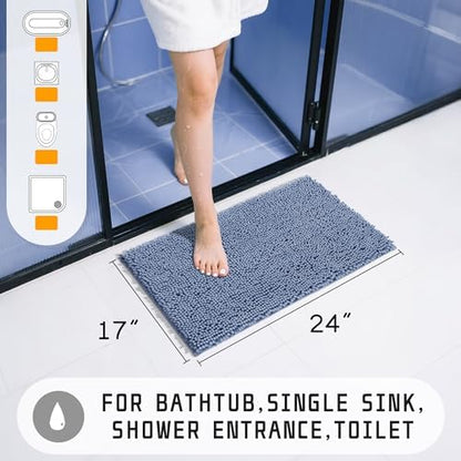 Yimobra Washable Bathroom Rugs, Super Soft & Absorbent Chenille Bath Mat for Floor & Carpet, Quick Dry Non Slip Bath Mat for Tub Shower, 24" x 17",Denim Blue